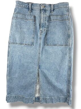 Madewell Size 30 Denim Midi Skirt Light Wash Rigid Flare Front Slit